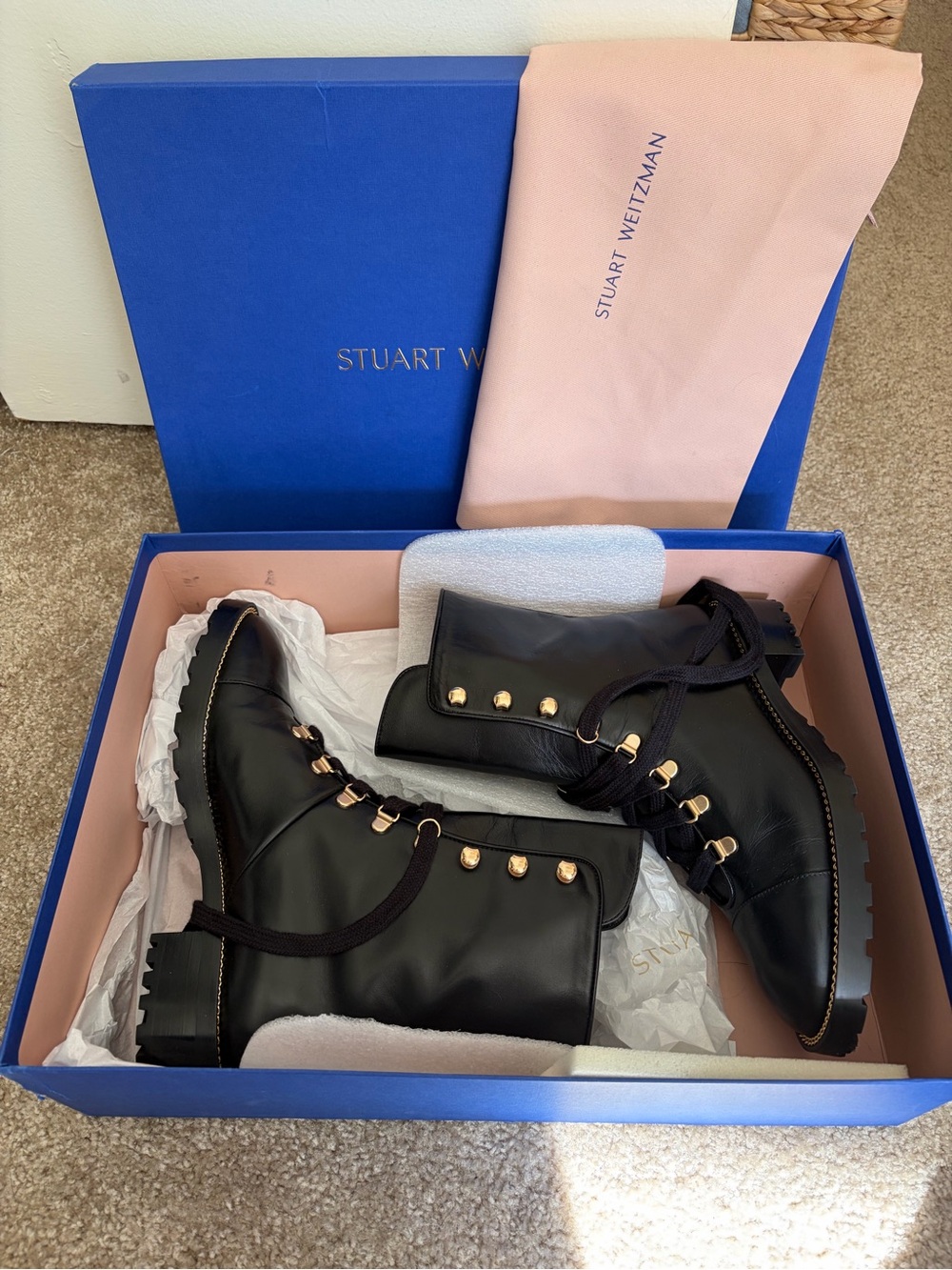 Stuart Weitzman Kolbie Boots Black Leather Lace-Up Combat Boots